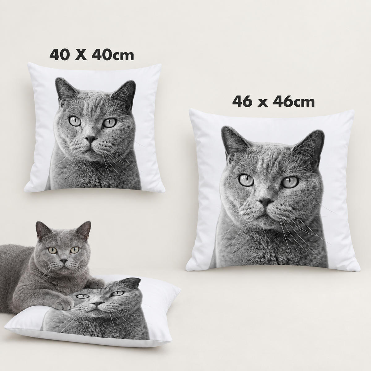 Zwei personalisierte Kissen mit Haustierportrait in Graustufen, Größen 40x40cm und 46x46cm.