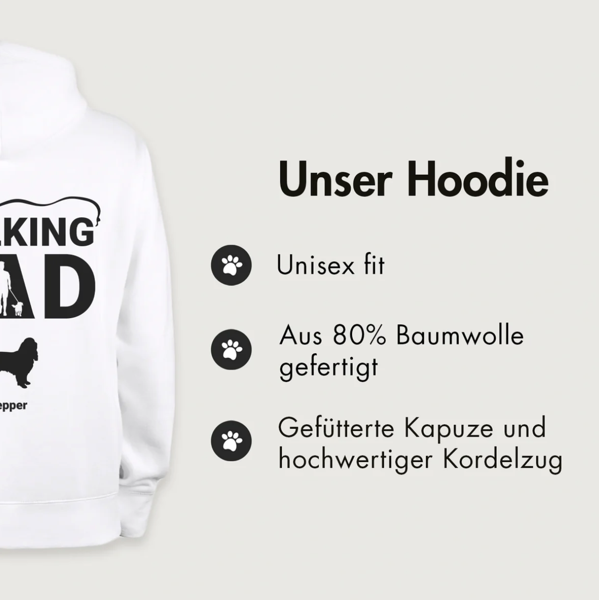 Weißer Hoodie mit Aufschrift "The Walking Dad", aus 80% Baumwolle, Unisex fit, gefütterte Kapuze.