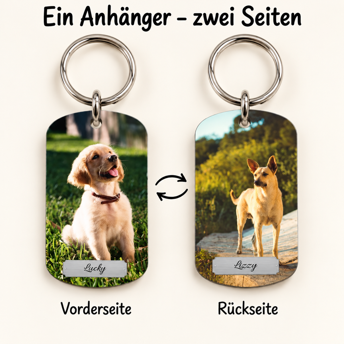 Personalisierter Schlüsselanhänger mit zwei Fotos von Hunden auf Vorder- und Rückseite. Metallischer Schlüsselring.