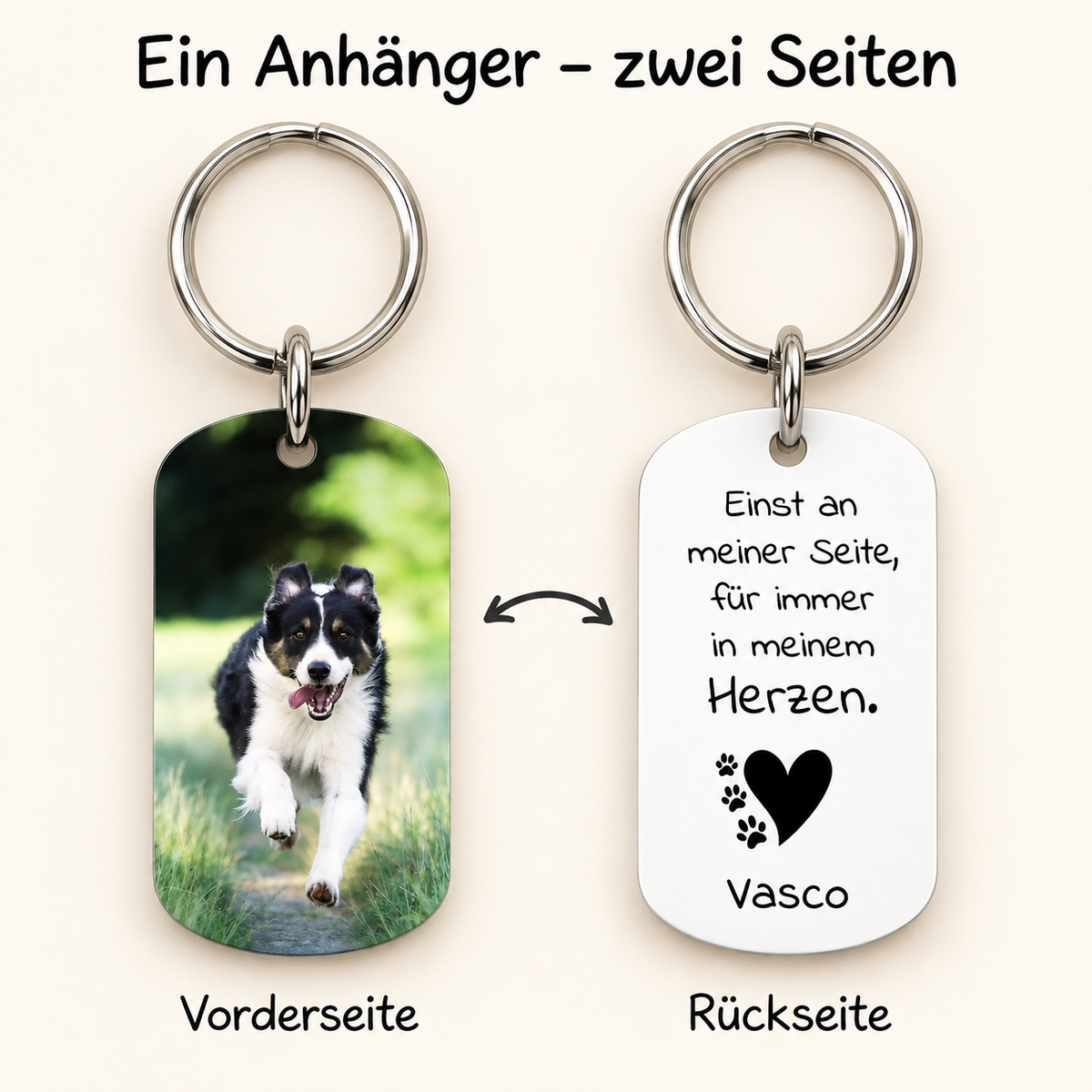 Personalisierter Schlüsselanhänger mit Foto eines Hundes auf der Vorderseite und Text auf der Rückseite.