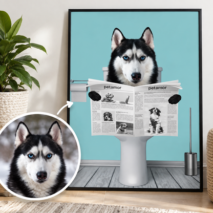 Personalisierte Illustration eines Huskys, der auf einer Toilette sitzt und eine Zeitung liest. Hintergrund in Hellblau.