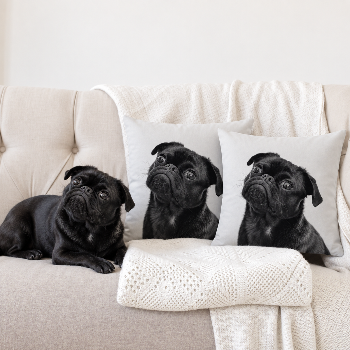 Zwei personalisierte Kissen mit schwarz-weißem Druck eines Mopses, daneben ein Mops auf einer Couch.
