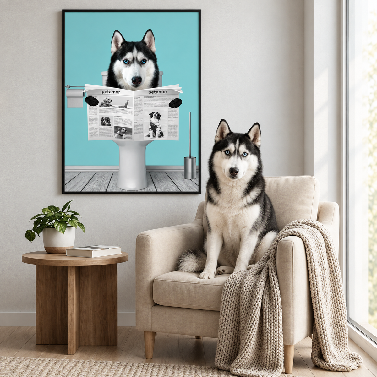 Poster mit Hund, der Zeitung liest, vor hellblauem Hintergrund. Hund sitzt auf beigem Sessel mit Decke.