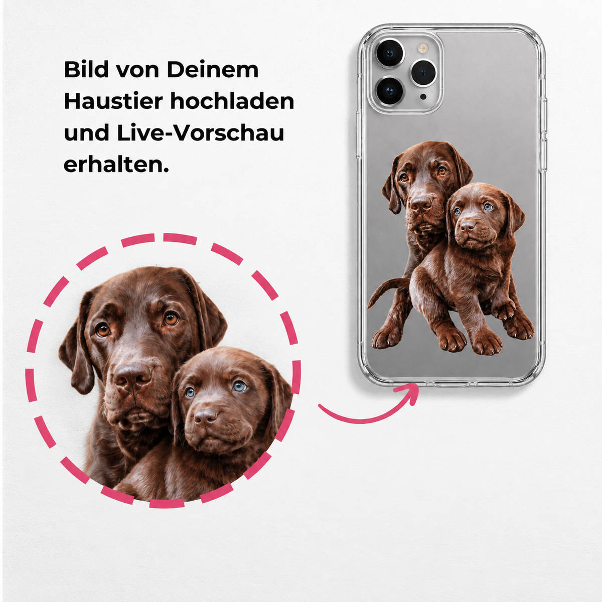 Klar transparente Handyhülle mit abgebildeten zwei braunen Labrador-Welpen.