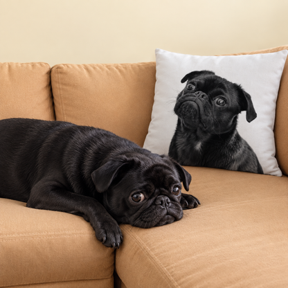 Schwarzer Mops liegt auf einer Couch neben einem Fotokissen mit seinem Abbild.