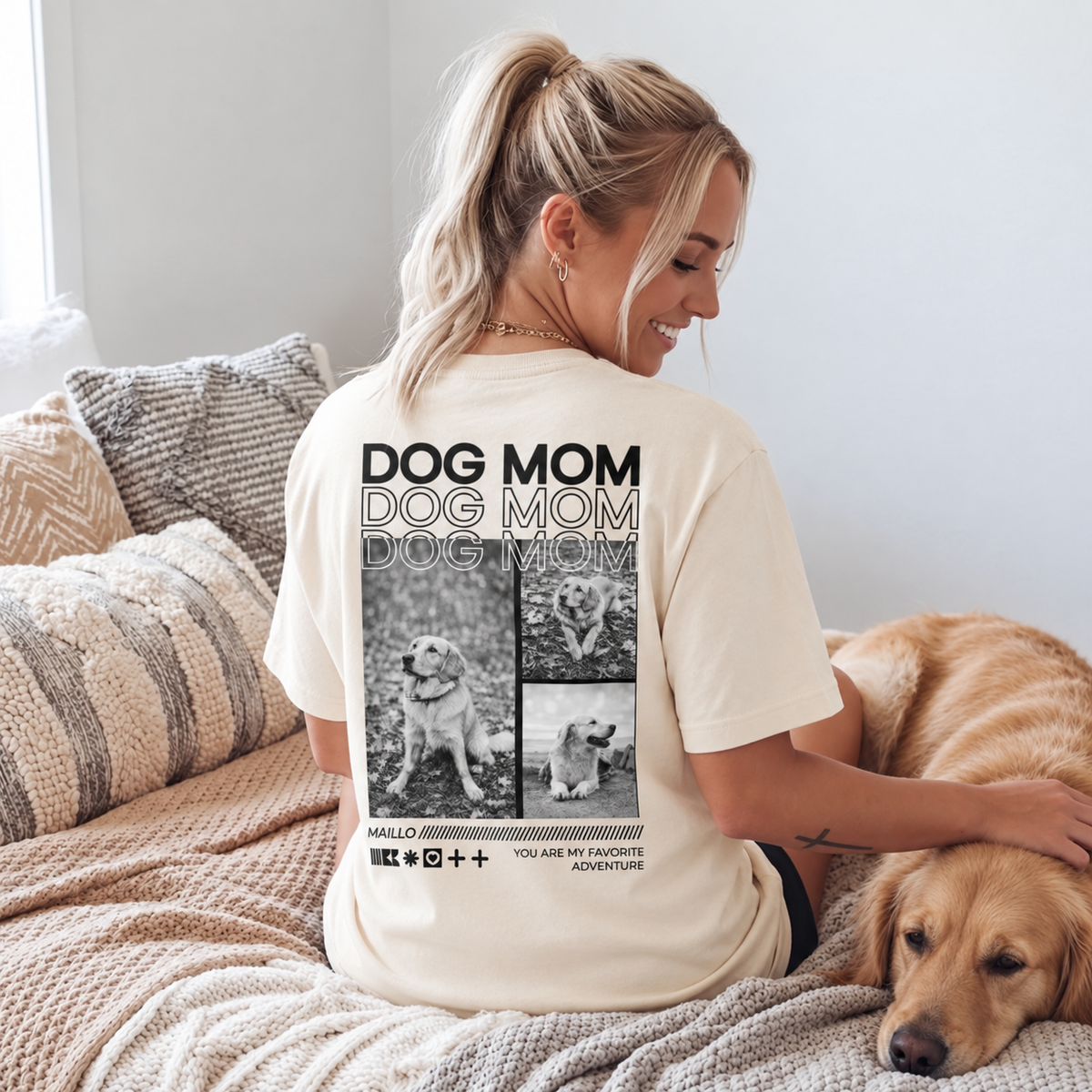 Beige T-Shirt mit dem Aufdruck "Dog Mom" und Hundemotiven auf der Rückseite.