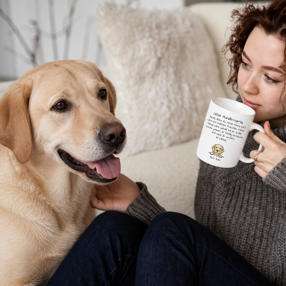 Person mit einem Becher mit dem Aufdruck "Liebe Hundemama" und einem Labrador Retriever auf einem hellen Sofa.