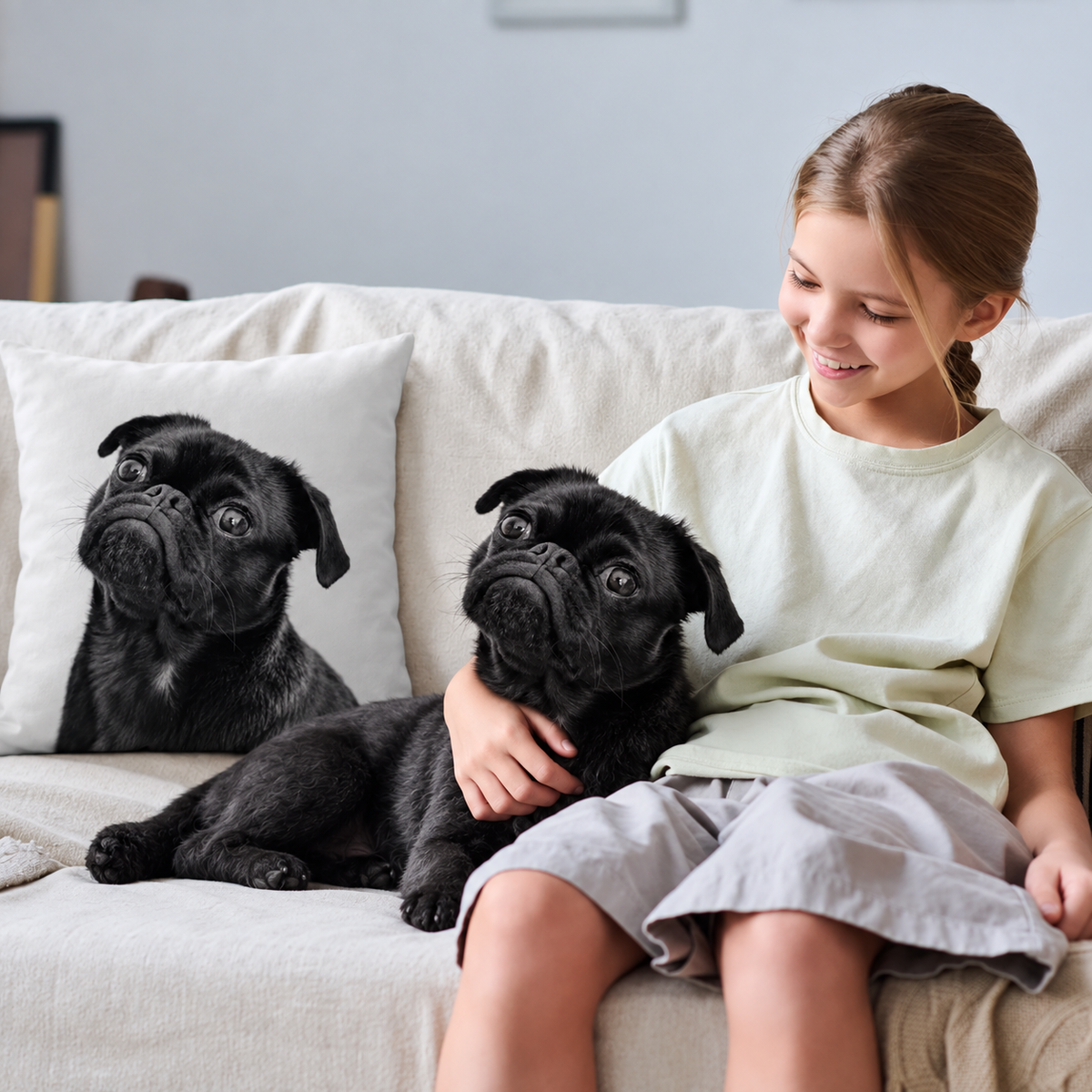 Personalisiertes Kissen mit einem abgebildeten schwarzen Mops, neben einem Mädchen auf einer Couch.