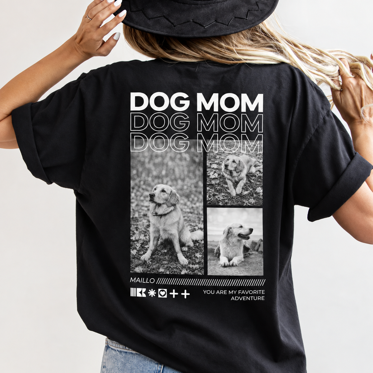 Schwarzes T-Shirt mit dem Schriftzug "DOG MOM" und Bildern von Hunden auf der Rückseite.