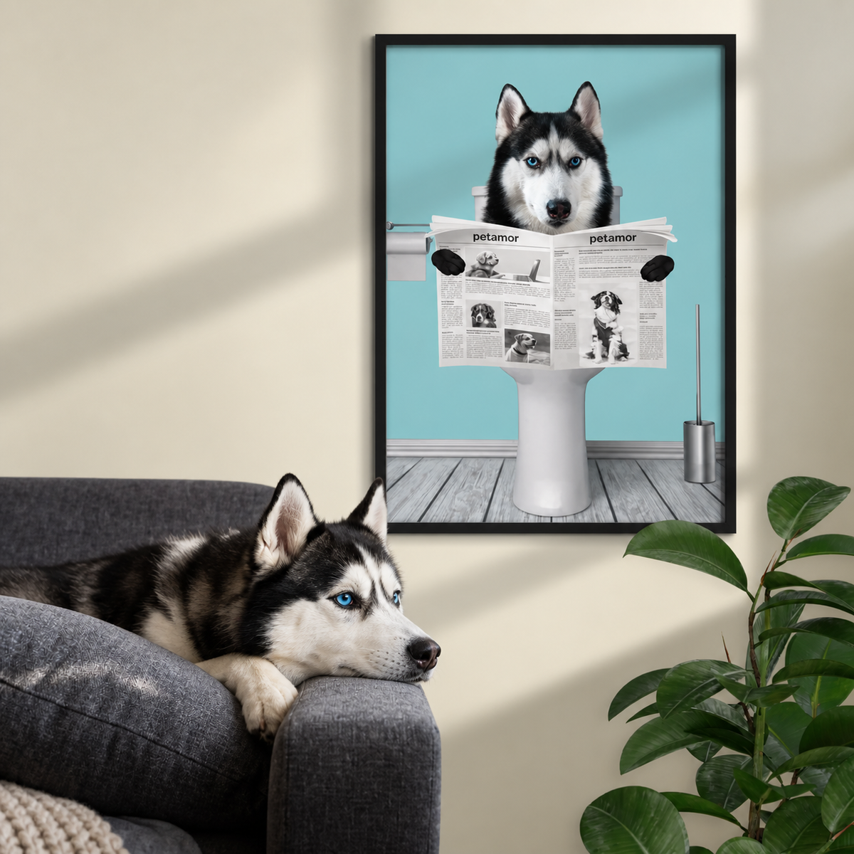 Poster mit einem Husky, der auf einer Toilette sitzt und eine Zeitung liest, rahmenlos, mit blauem Hintergrund.