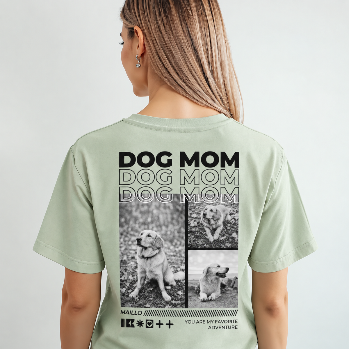 Personalisiertes, mintgrünes T-Shirt mit Aufdruck "Dog Mom" und Hunde-Fotos auf der Rückseite.