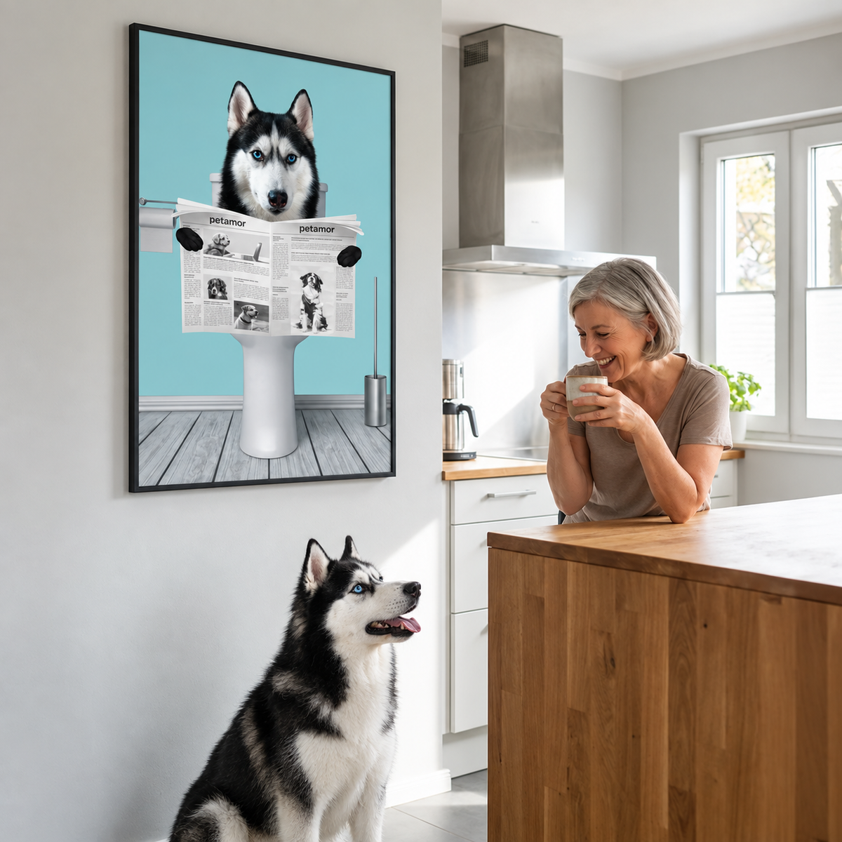 Personalisierte Poster mit einem Husky, der eine Zeitung liest, in modernem Küchenumfeld.