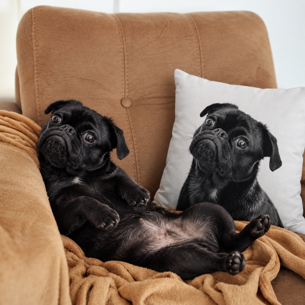 Schwarz-weißes Fotokissen mit einer Hundeadaption, daneben ein entspannter schwarzer Mops auf einer Couch.
