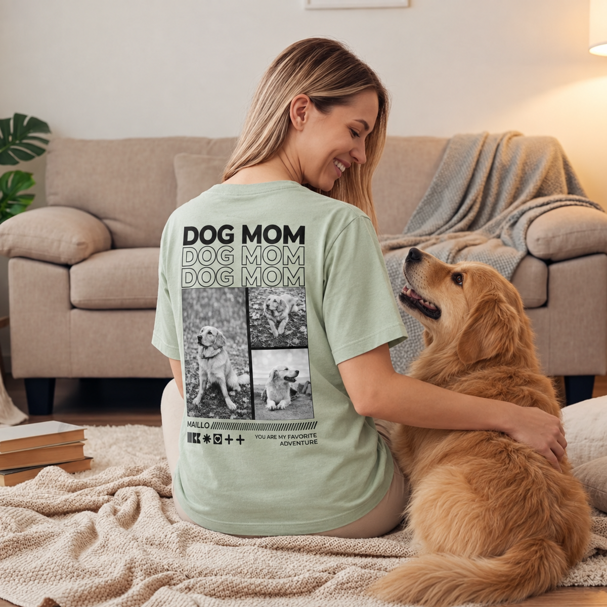Personalisiertes grünes T-Shirt mit "Dog Mom"-Motiv und Hundebildern auf dem Rücken.