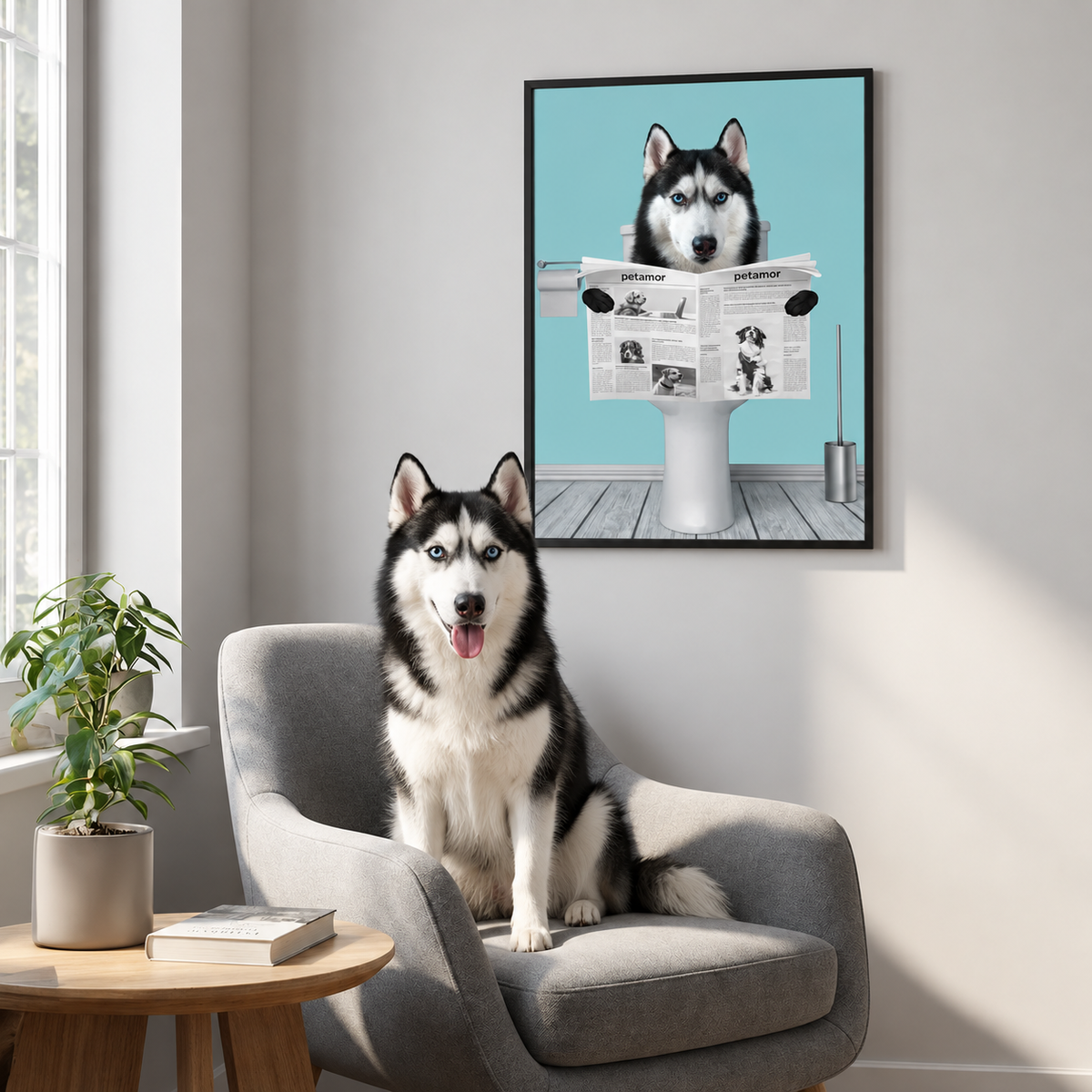 Buntes Poster eines Hundes, der in einer Toilette sitzt und eine Zeitung liest. Rahmenloses Design.