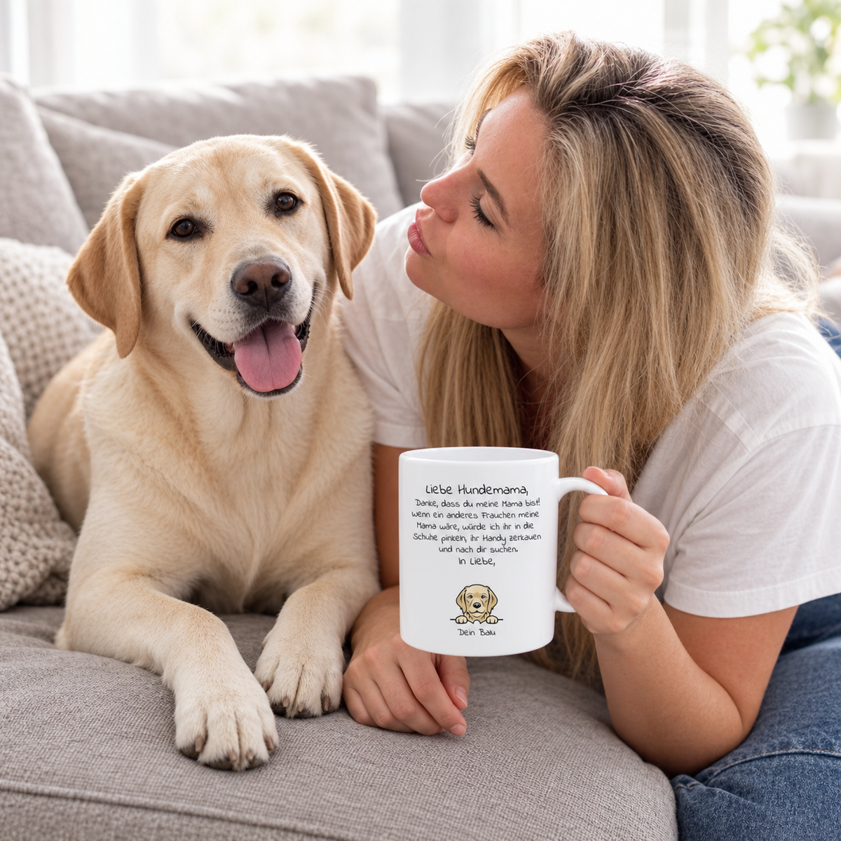 Personalisierte weiße Tasse mit Hundemotiv und liebevoller Botschaft, neben einer blonden Frau und ihrem Labrador.