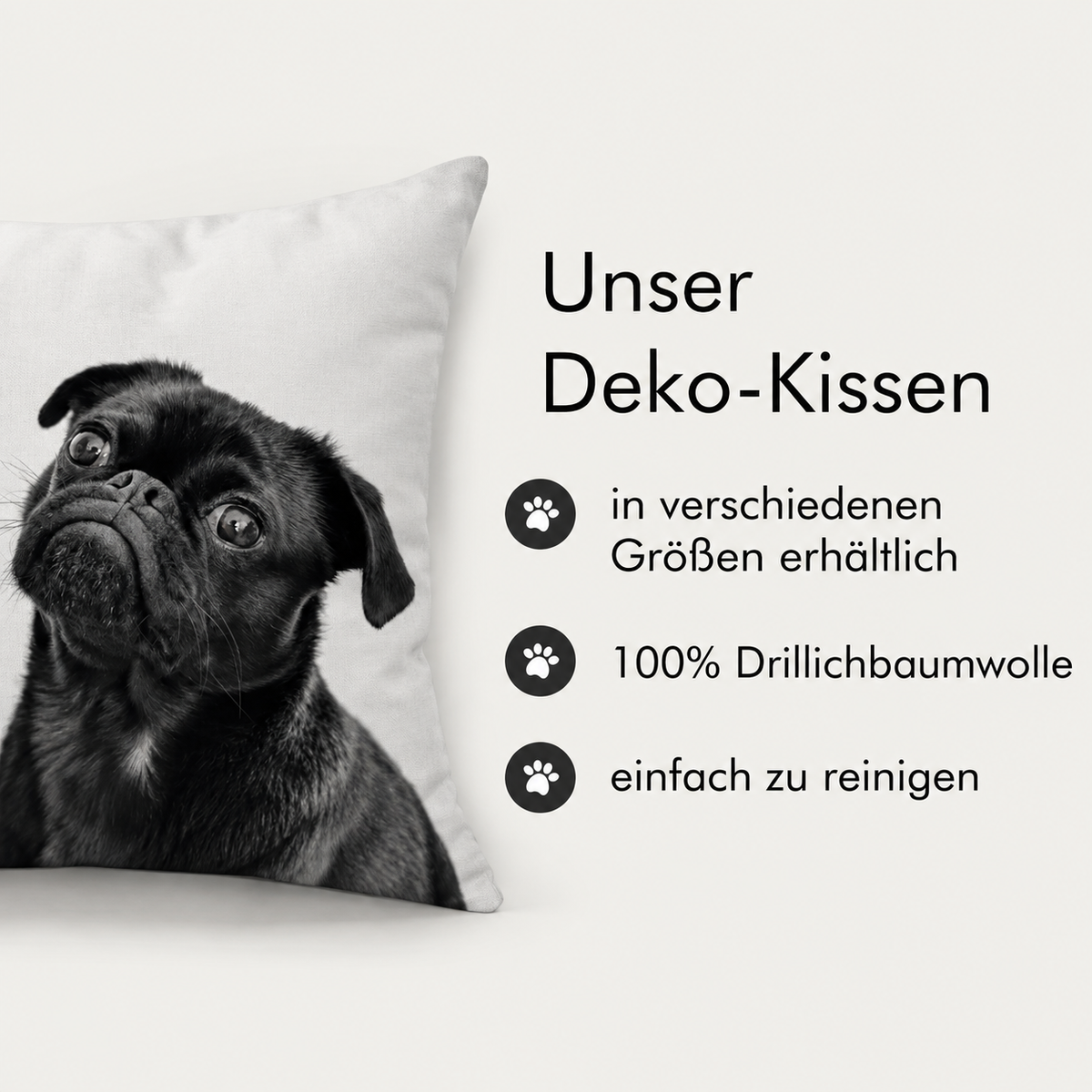 Schwarzes Fotokissen mit Bild eines Mopses, aus 100% Drillichbaumwolle, verfügbar in verschiedenen Größen.