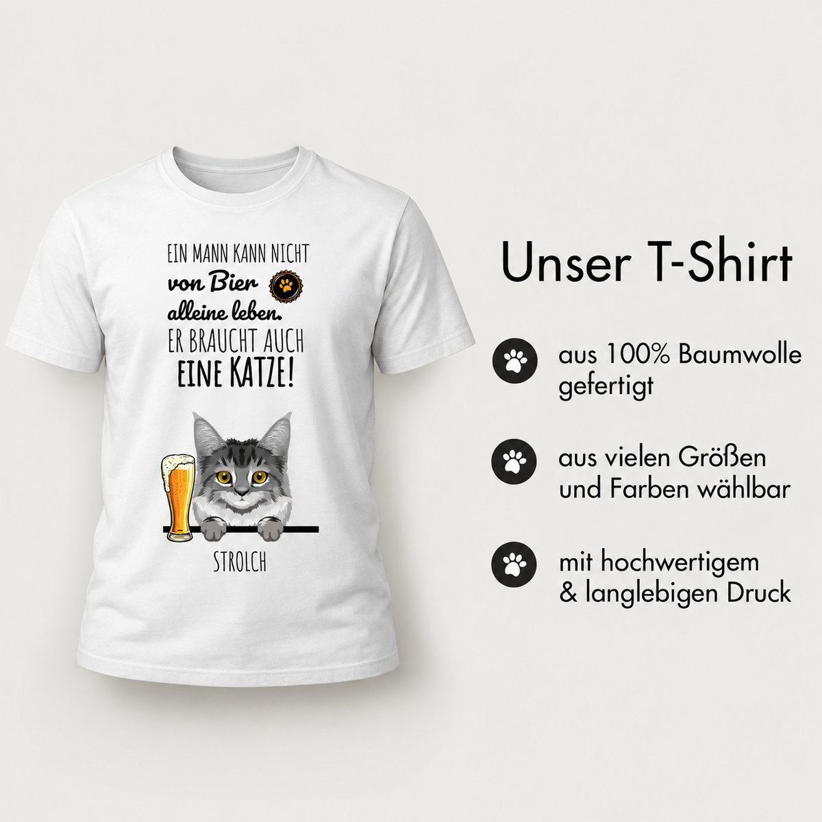 Weißes T-Shirt aus 100% Baumwolle mit Illustration einer Katze und Bier sowie Spruch.