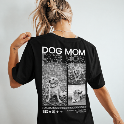 Schwarzes T-Shirt mit Aufdruck "Dog Mom" und Fotos von Hunden auf der Rückseite.