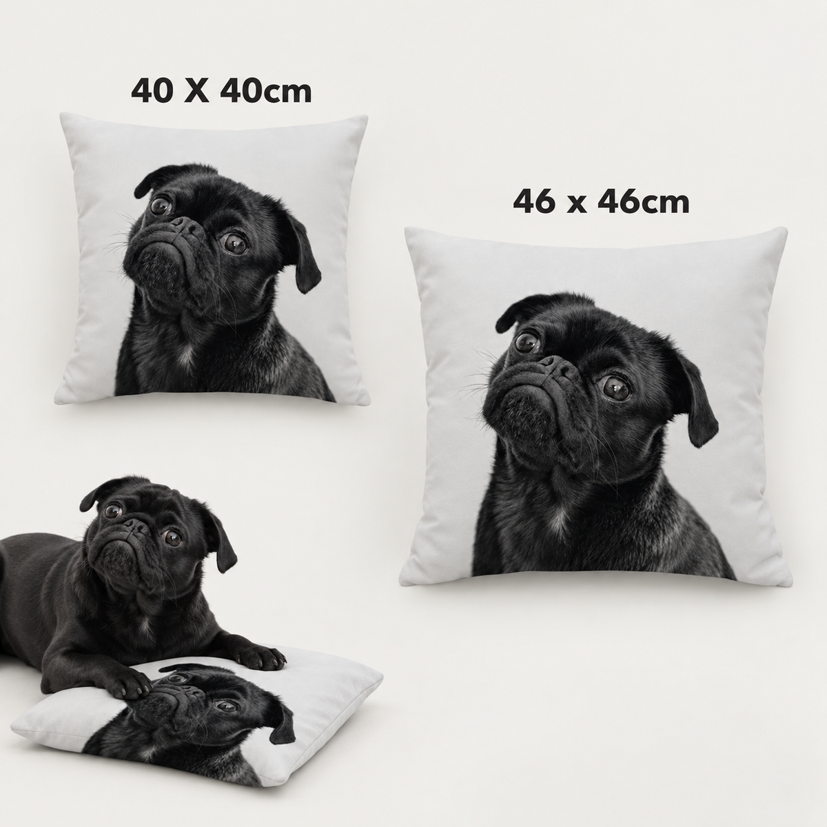 Zwei personalisierte Kissen in verschiedenen Größen mit schwarzemed Pug-Motiv auf weißem Hintergrund.