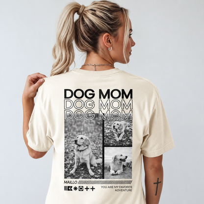 Beige T-Shirt mit Hundemotiven und Schriftzug „DOG MOM“ auf der Rückseite.