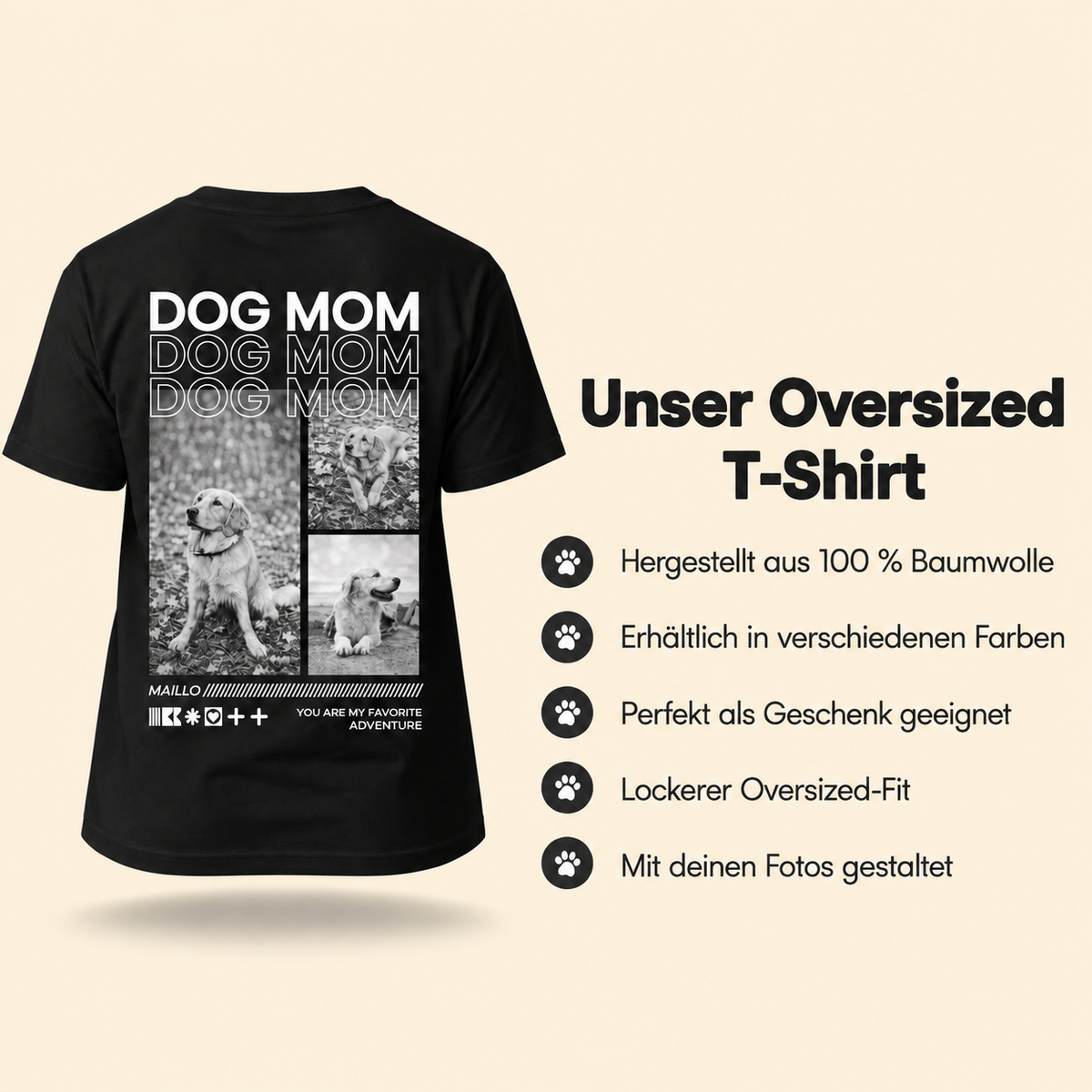 Schwarzes Oversized-T-Shirt aus 100 % Baumwolle mit "Dog Mom"-Aufdruck und Foto-Collage.