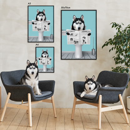 Drei personalisierte Poster mit einem Huskie, der eine Zeitung liest, in schwarzen Rahmen. Stühle und Pflanze im Hintergrund.