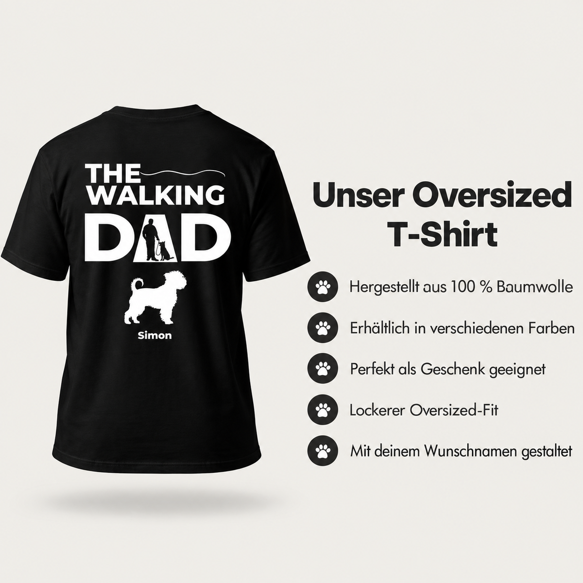 Schwarzes Oversized-T-Shirt aus 100 % Baumwolle mit dem Schriftzug "The Walking Dad" und einem Hundemotiv.