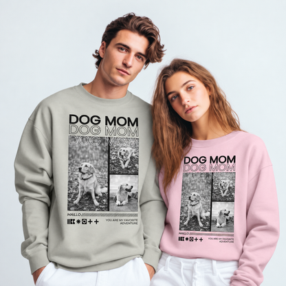 Zwei personalisierte Sweatshirts in Grau und Rosa mit "Dog Mom"-Aufdruck sowie Tierfotos.