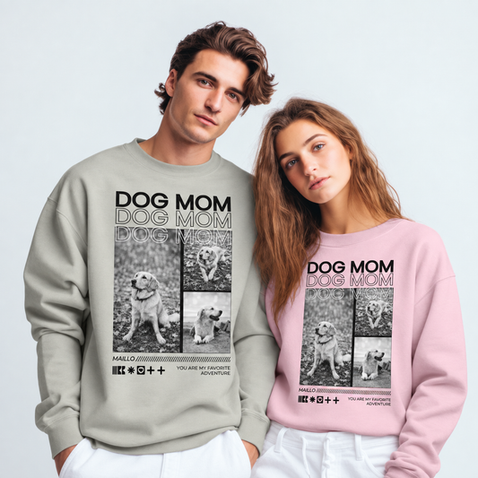 Zwei personalisierte Sweatshirts in Grau und Rosa mit "Dog Mom"-Aufdruck sowie Tierfotos.