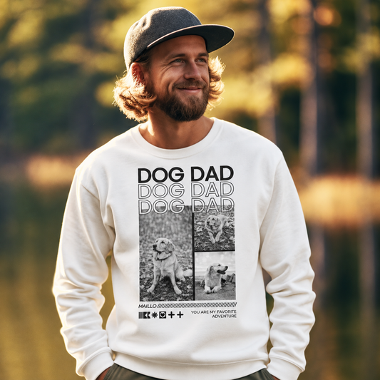 Personalisierte Sweatshirt in Creme mit schwarzem Aufdruck "DOG DAD" und Fotos von Hunden.
