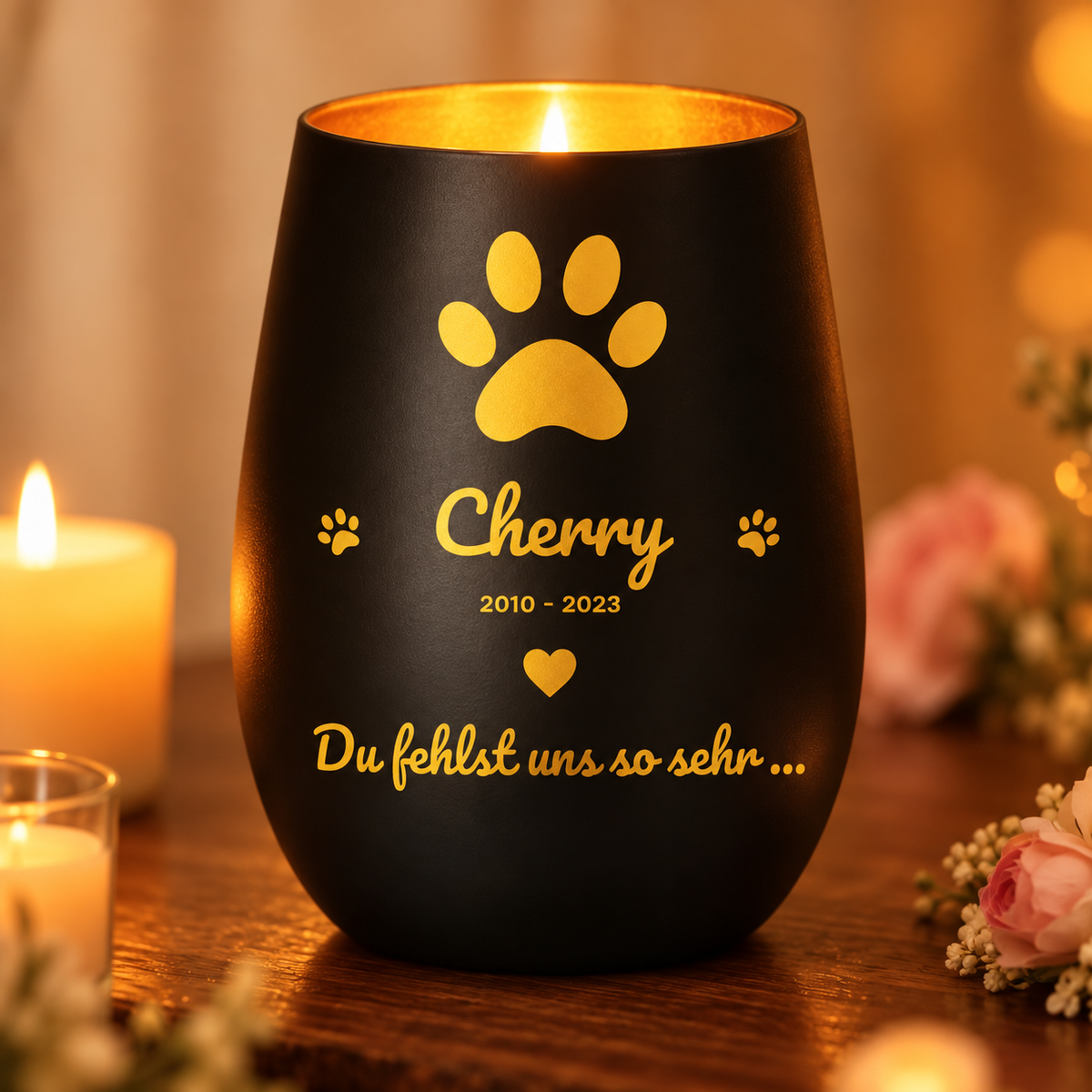 Personalisiertes Trauerlicht aus schwarzem Material mit goldener Beschriftung und Pfotenmotiven.