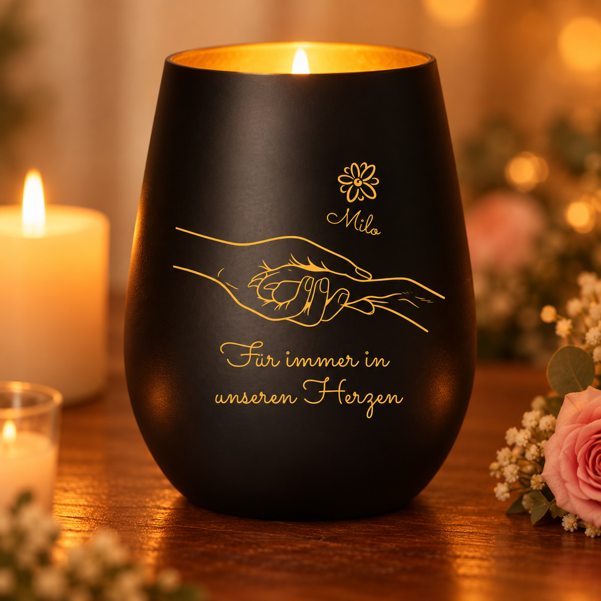 Schwarzes Trauerlicht mit goldener Gravur, personalisiert mit Namen und Text. Ideal zum Gedenken an einen Hund.