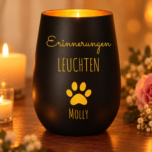 Personalisiertes Trauerlicht aus schwarzem Material mit gelber Schrift und Pfotenmotiv, leuchtet sanft.