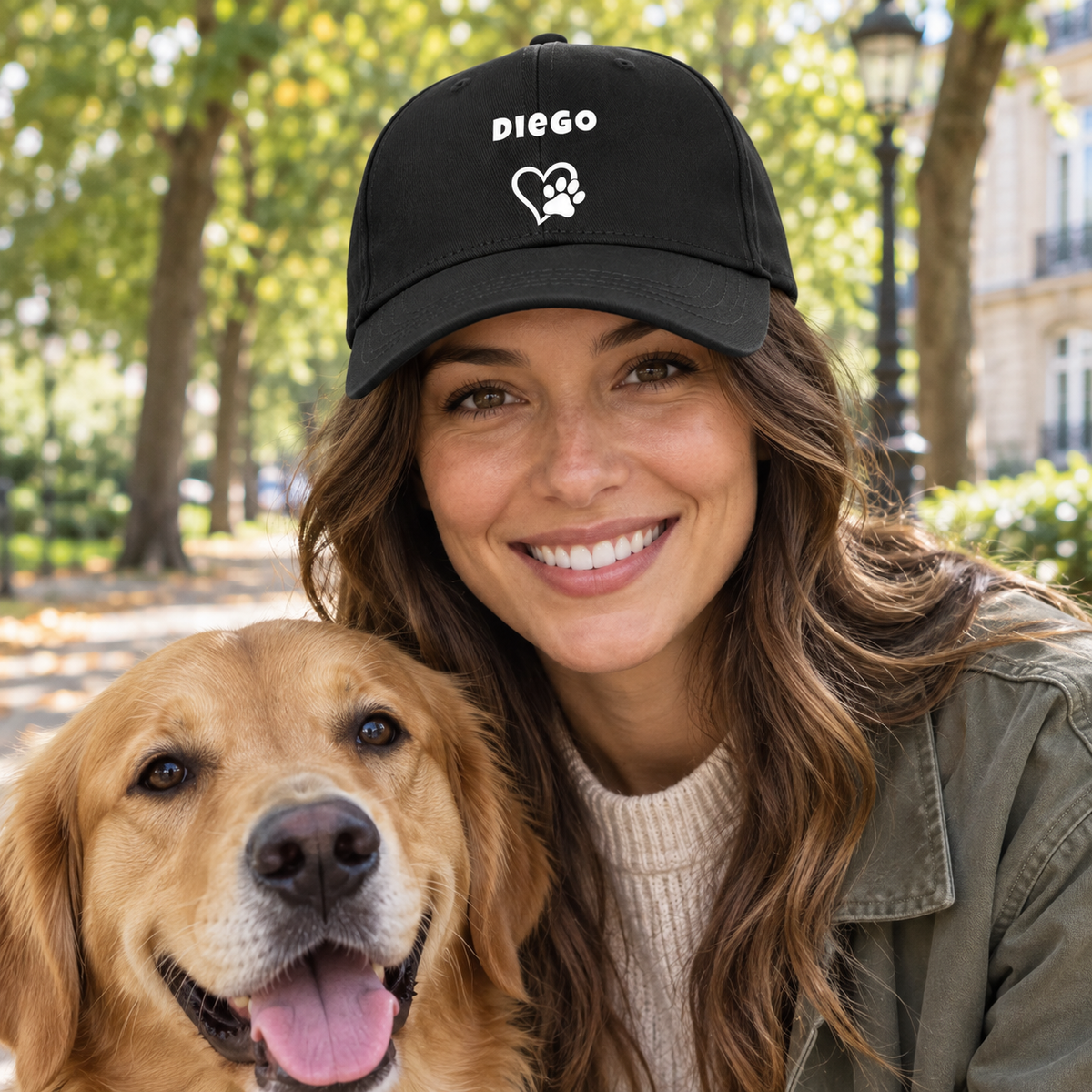 Schwarze Cap mit Hundename "Diego", Herz und Pfote, getragen von einer lächelnden Frau mit Golden Retriever.