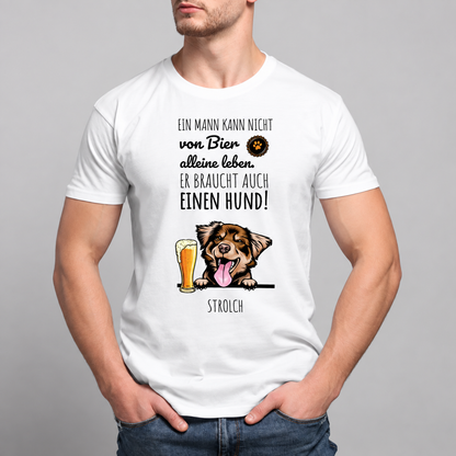 Weißes T-Shirt mit lustigem Aufdruck eines Hundes und Bier, Text über die Verbindung von Bier und Hund.