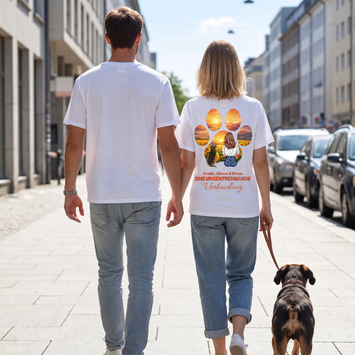 Zwei Personen in weißen T-Shirts, Hand in Hand, gehen mit einem Hund spazieren. Hinter ihnen sind Stadtgebäude zu sehen.
