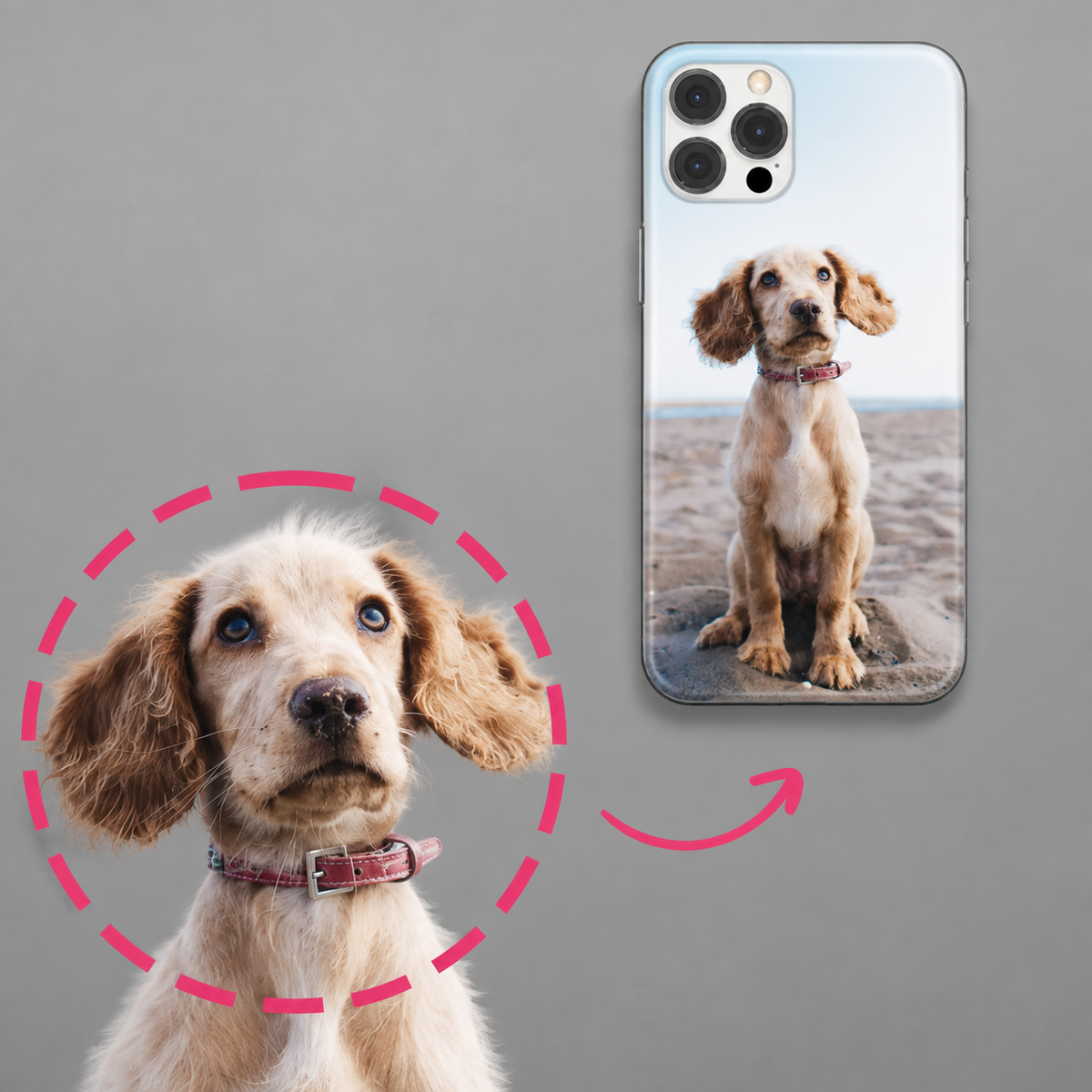 Personalisierte Handyhülle mit Foto eines Hundes, abgebildet auf einem Smartphone.