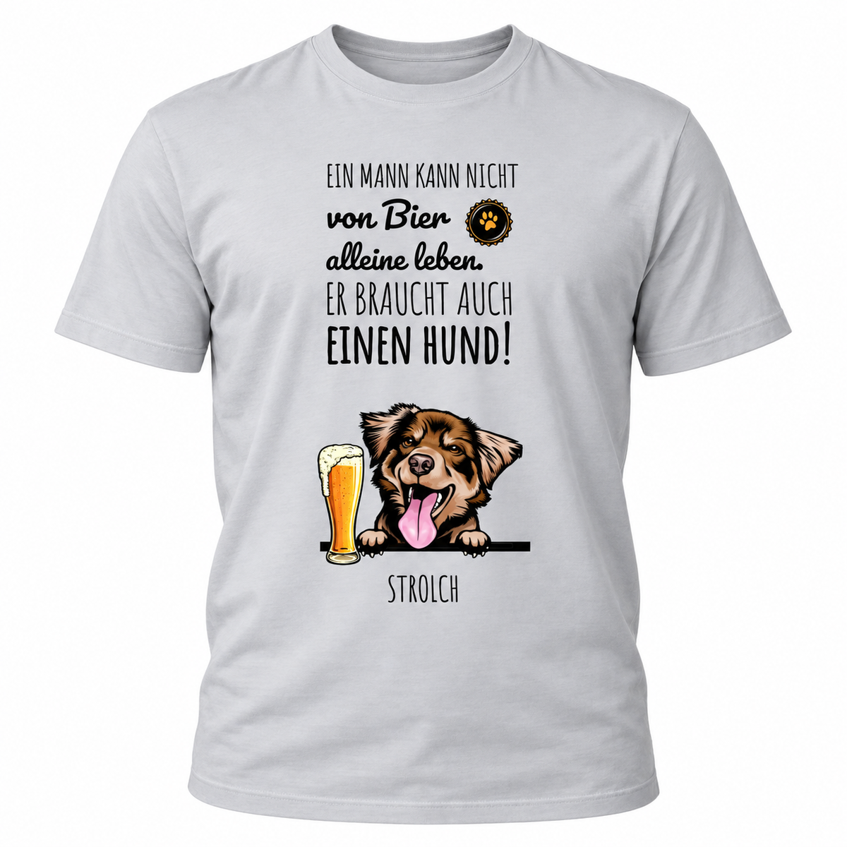 Grau personalisiertes T-Shirt mit Hundemotiv und Bierglas, Aufdruck spritzig und humorvoll.