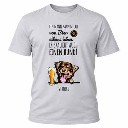 Grau personalisiertes T-Shirt mit Hundemotiv und Bierglas, Aufdruck spritzig und humorvoll.