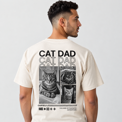 Beige T-Shirt mit Katzen-Motiv und Schriftzug "CAT DAD" auf der Rückseite.