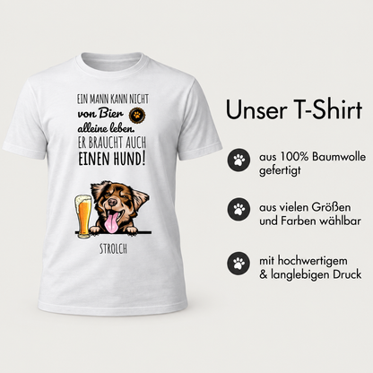 Weißes T-Shirt aus 100% Baumwolle mit lustigem Druck von einem Hund und Bier. Text über das Leben mit einem Hund.