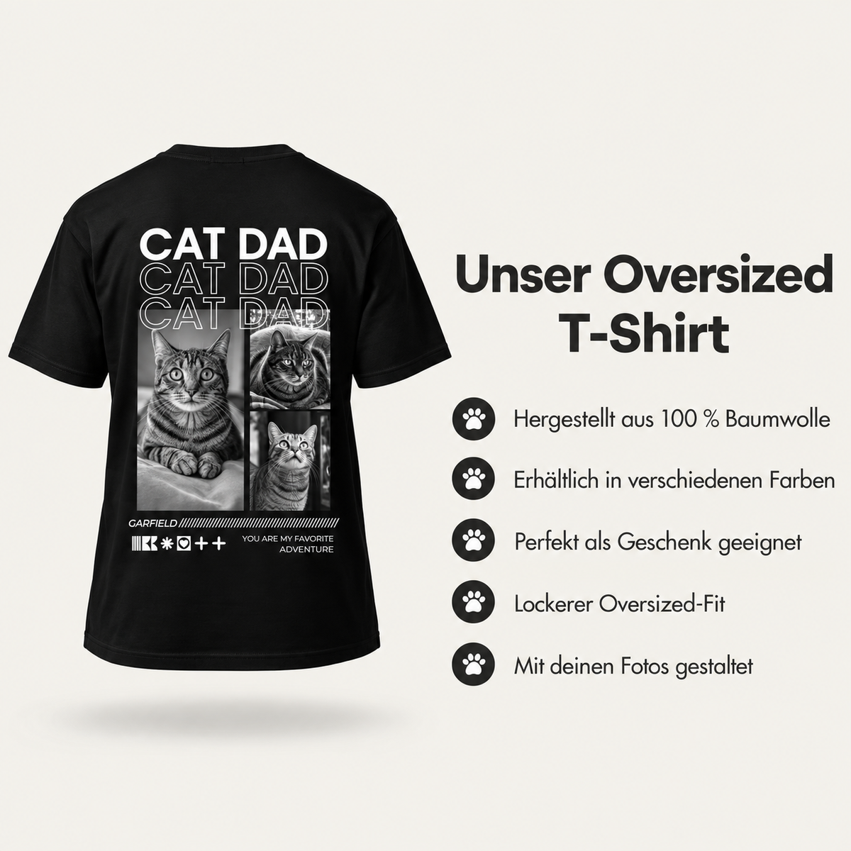 Schwarzes Oversized-T-Shirt mit dem Aufdruck "Cat Dad" und Fotos von Katzen. Hergestellt aus 100% Baumwolle.