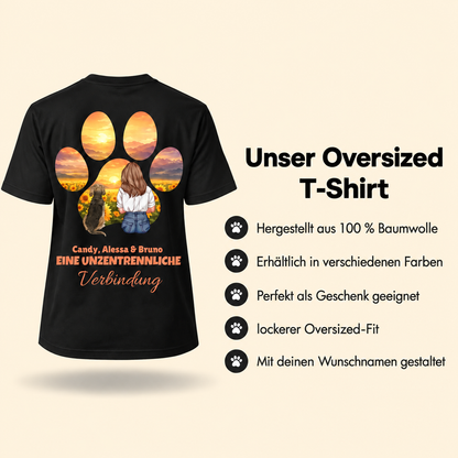 Schwarzes T-Shirt aus 100 % Baumwolle mit personalisierbarem Tier-Design und dem Text „Eine unzertrennliche Verbindung“.