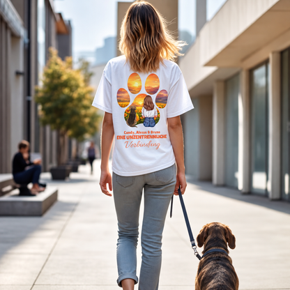 Weißes T-Shirt mit personalisiertem Design und Spruch, Rückansicht einer Frau, die mit einem Hund spazieren geht.