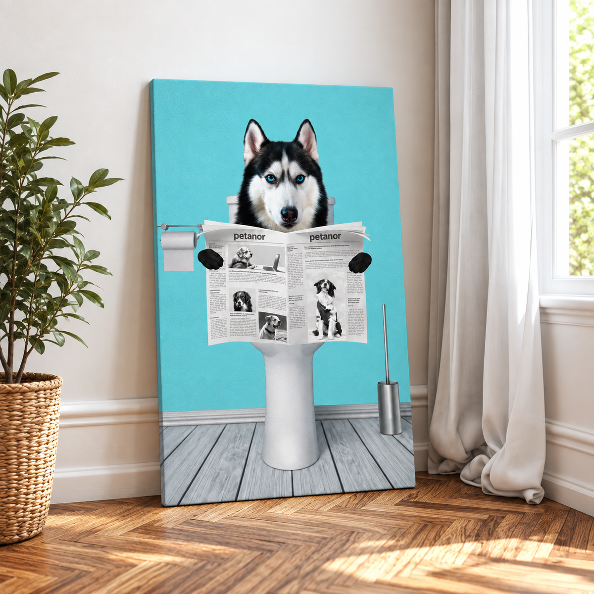 Leinwand mit einem Hund, der auf einer Toilette sitzt und eine Zeitung liest, Hintergrund in Türkis.