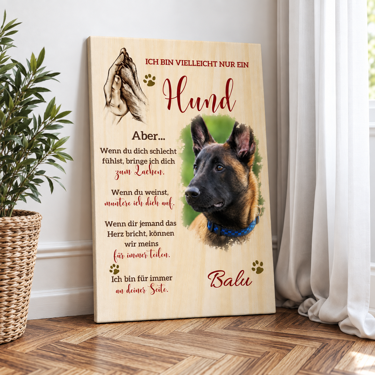 Personalisierte Leinwand mit Hundebild und emotionalem Text. Holzfarbene Oberfläche mit grünen Akzenten.