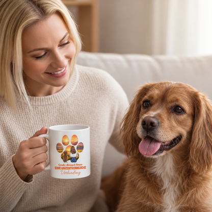 Person mit persönlicher Tasse in der Hand, daneben ein Hund. Tasse mit buntem Pfotenabdruck und Text.