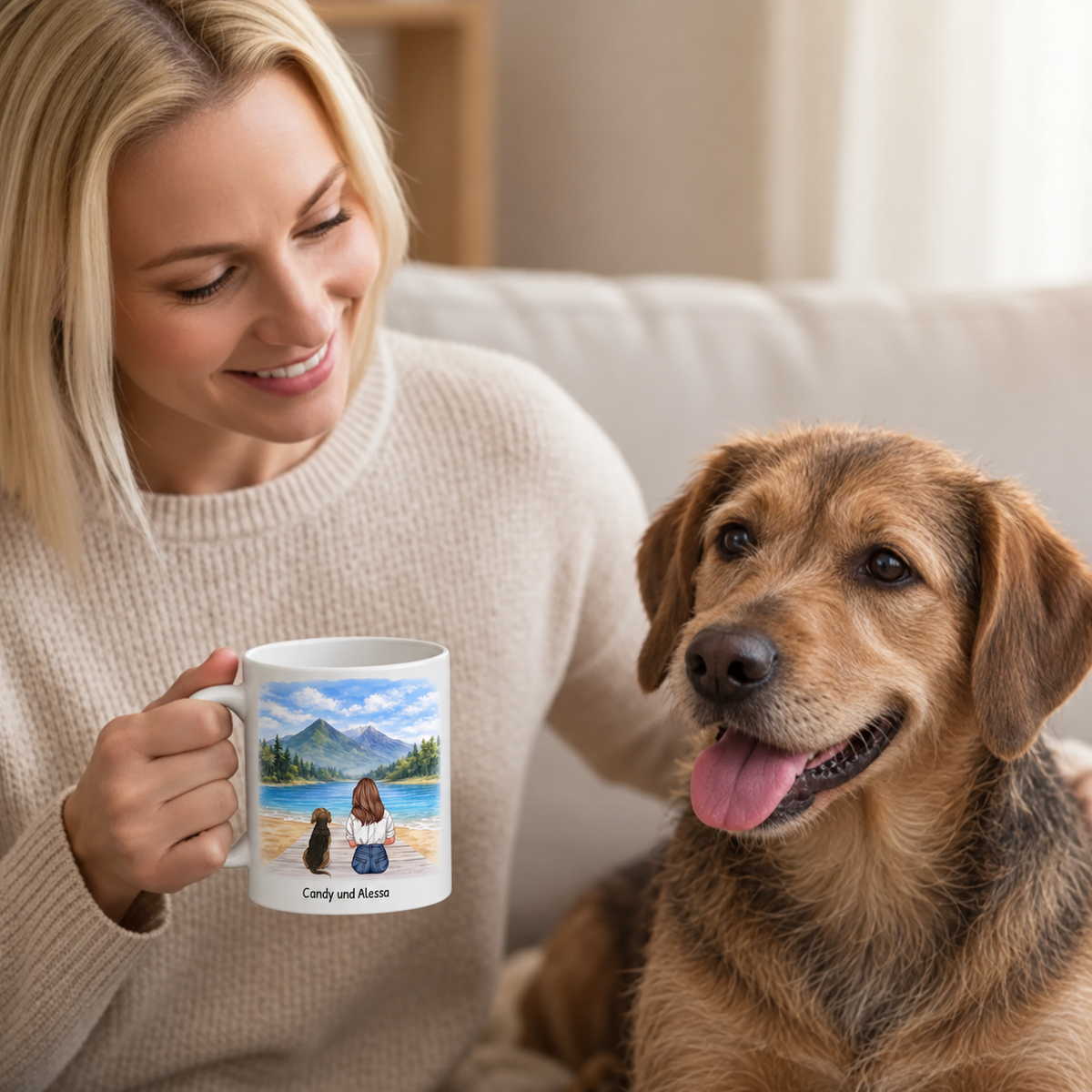 Person trinkt aus einer personalisierten, weißen Tasse mit Landschaftsdesign, neben einem Hund sitzend.