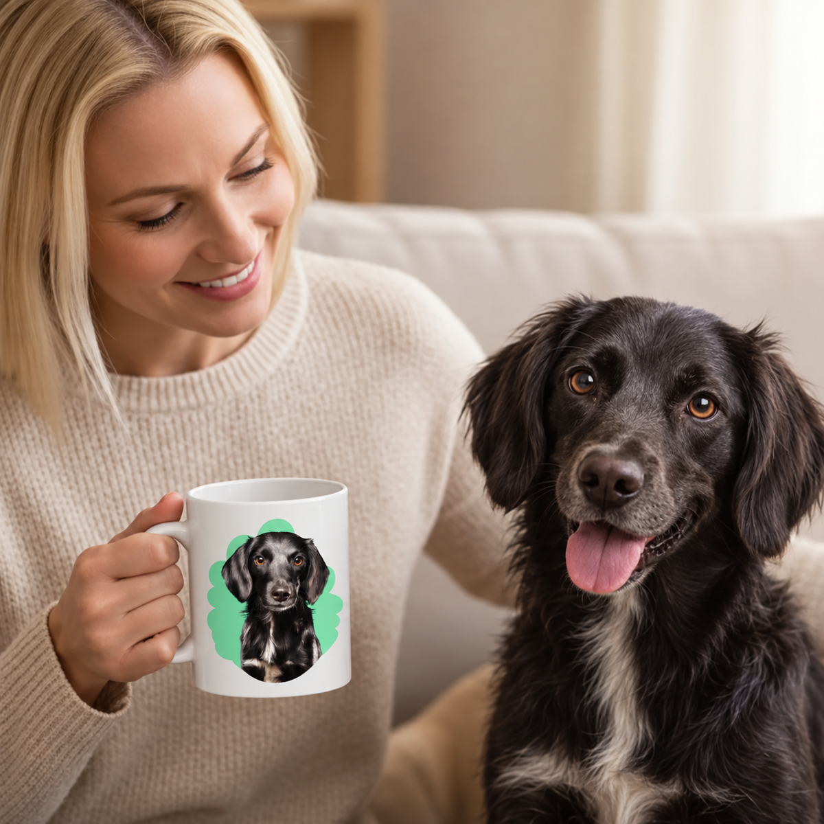 Person hält eine weiße Tasse mit Haustierportrait eines Hundes, sitzt neben dem gleichen Hund.